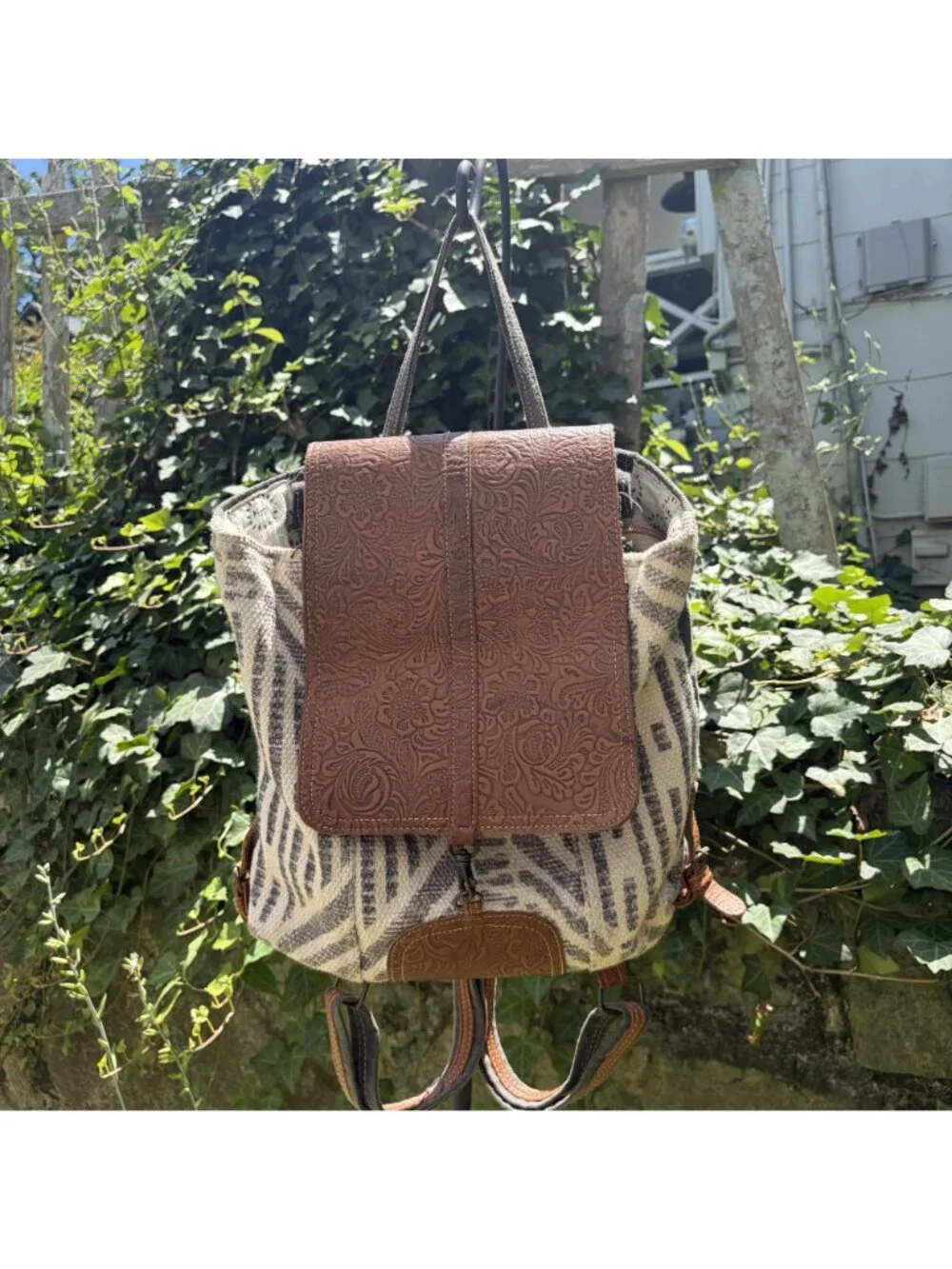 Myra Bag Embossed Leather Canvas Backpack Boho Western Southwestern Rustic Indie